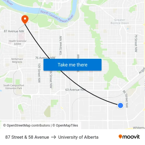87 Street & 58 Avenue to University of Alberta map
