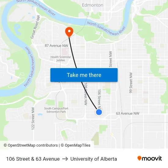 106 Street & 63 Avenue to University of Alberta map