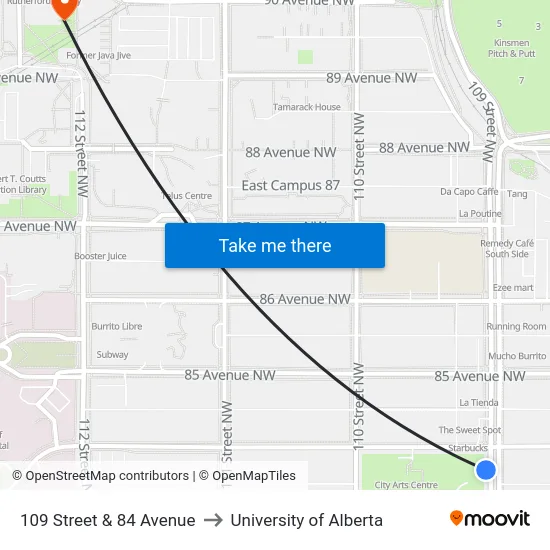 109 Street & 84 Avenue to University of Alberta map