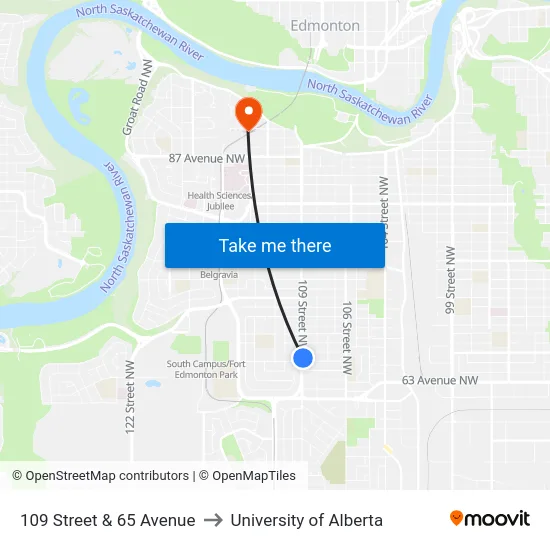 109 Street & 65 Avenue to University of Alberta map