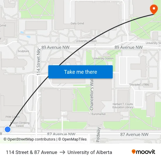114 Street & 87 Avenue to University of Alberta map