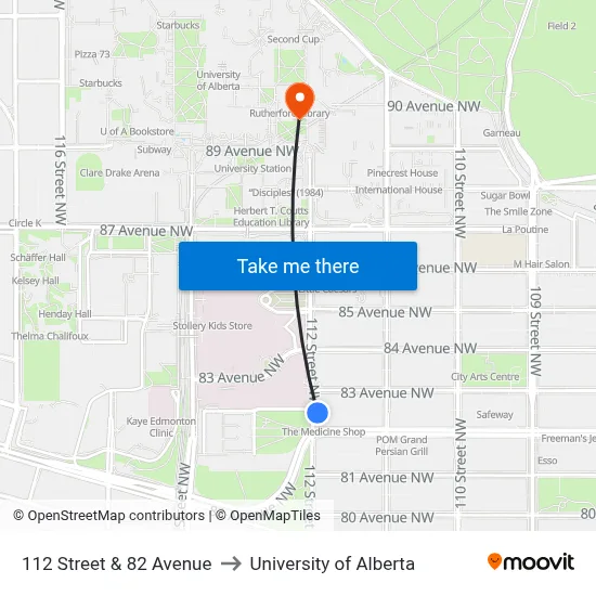 112 Street & 82 Avenue to University of Alberta map