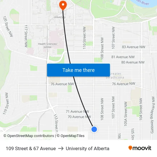 109 Street & 67 Avenue to University of Alberta map