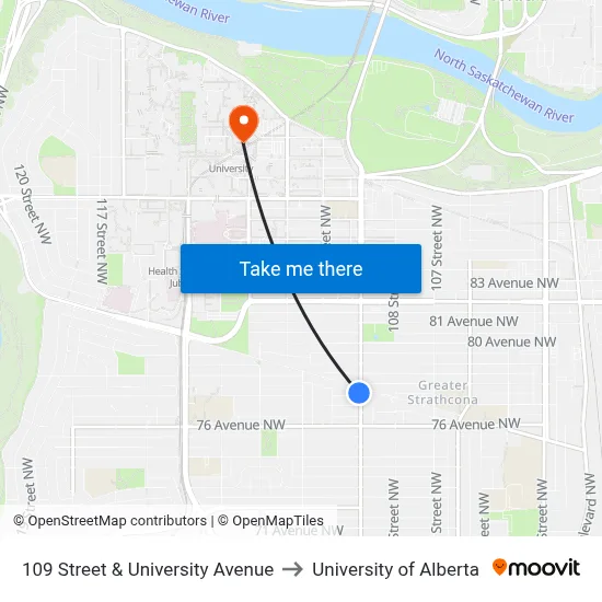 109 Street & University Avenue to University of Alberta map