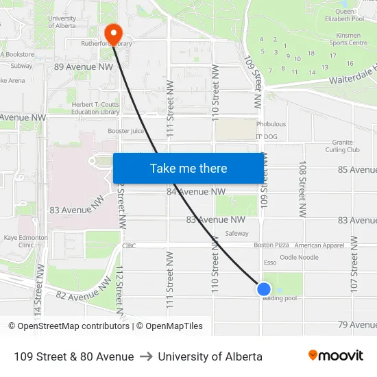 109 Street & 80 Avenue to University of Alberta map