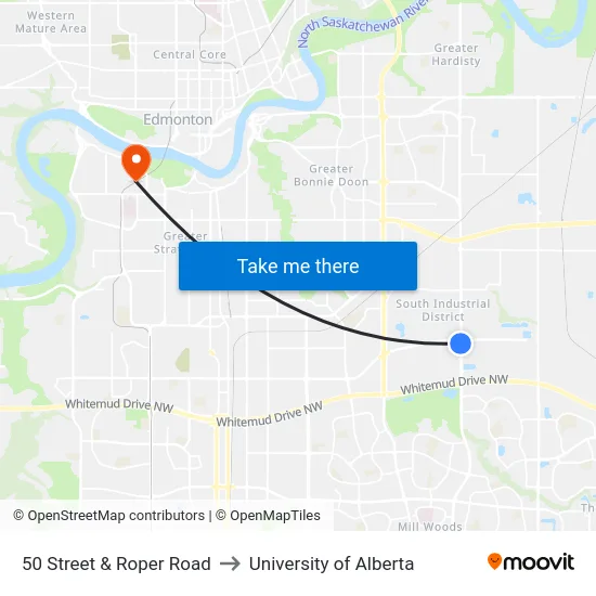 50 Street & Roper Road to University of Alberta map