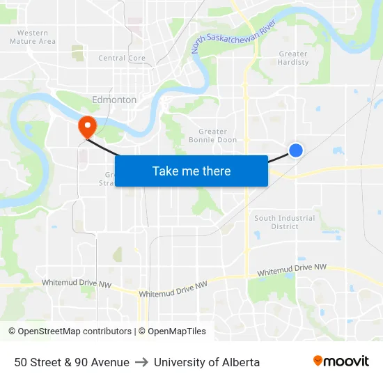 50 Street & 90 Avenue to University of Alberta map