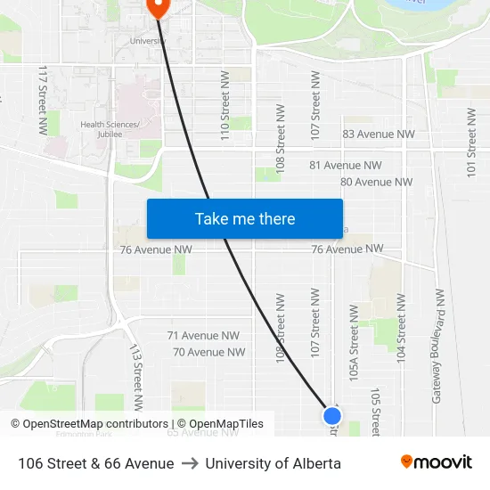 106 Street & 66 Avenue to University of Alberta map