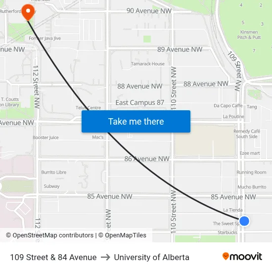 109 Street & 84 Avenue to University of Alberta map