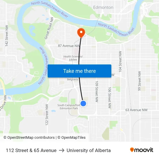 112 Street & 65 Avenue to University of Alberta map