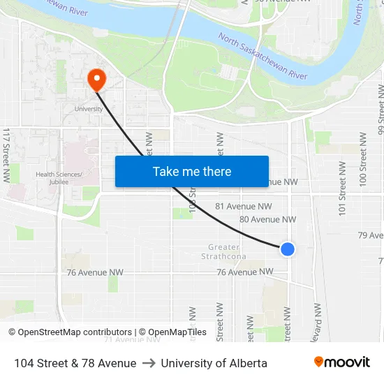 104 Street & 78 Avenue to University of Alberta map