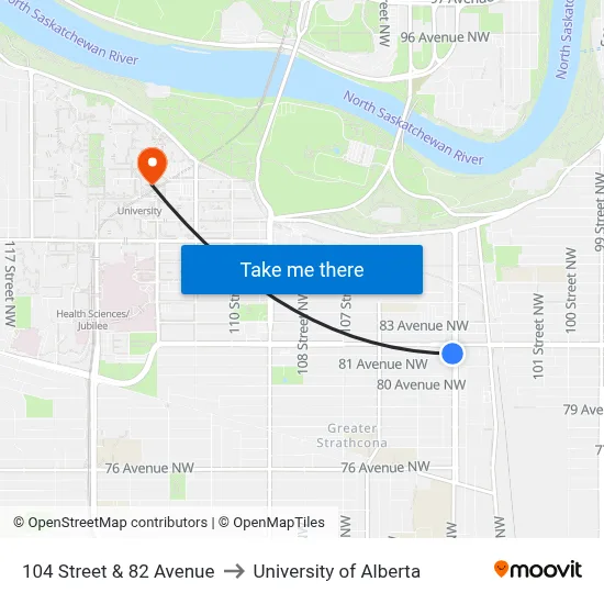 104 Street & 82 Avenue to University of Alberta map