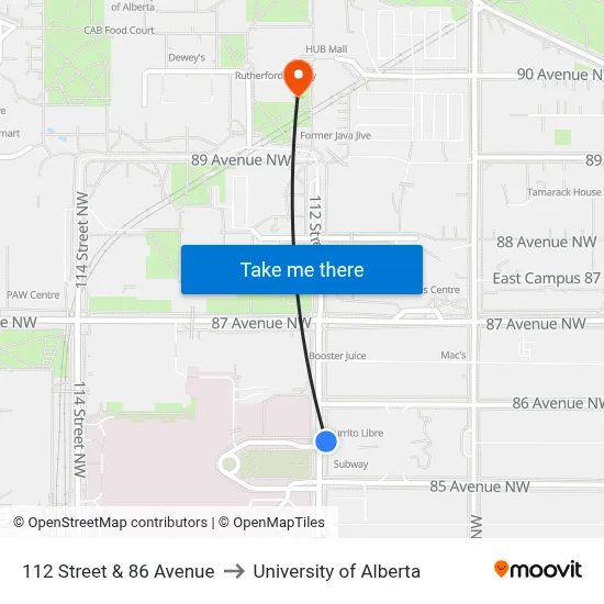 112 Street & 86 Avenue to University of Alberta map