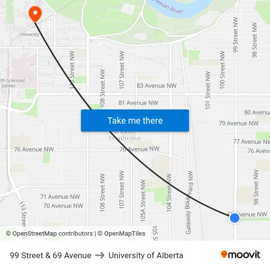 99 Street & 69 Avenue to University of Alberta map