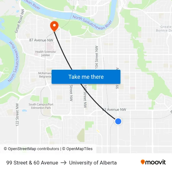 99 Street & 60 Avenue to University of Alberta map