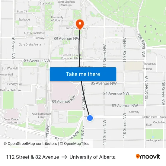 112 Street & 82 Avenue to University of Alberta map