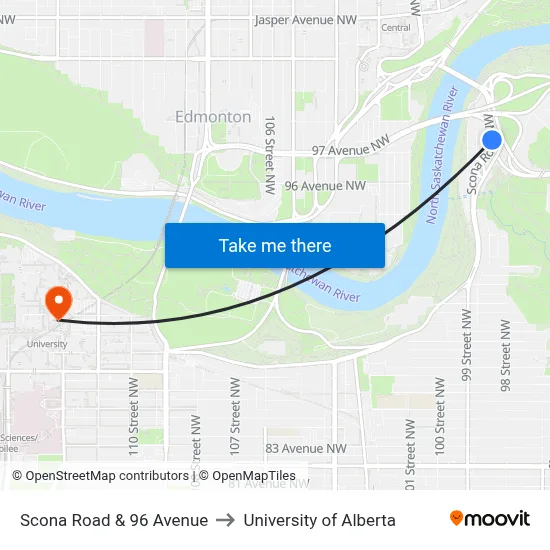 Scona Road & 96 Avenue to University of Alberta map
