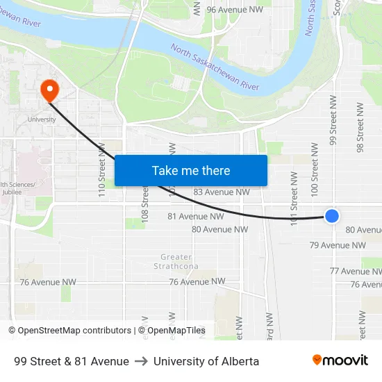 99 Street & 81 Avenue to University of Alberta map