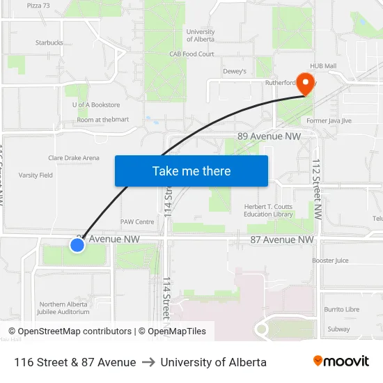 116 Street & 87 Avenue to University of Alberta map