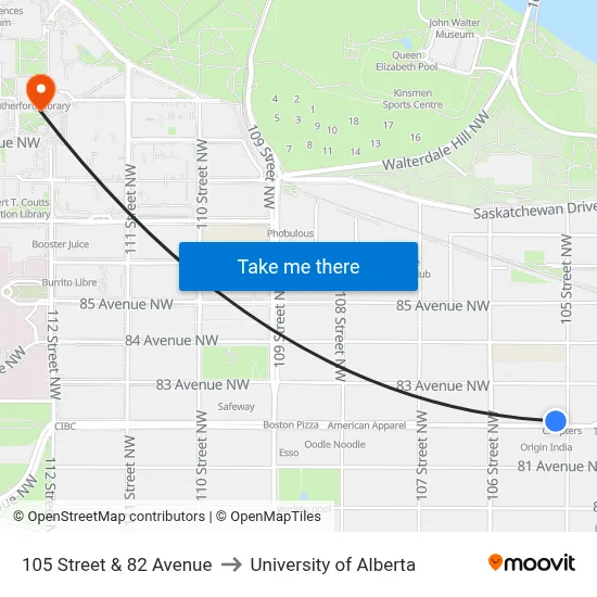 105 Street & 82 Avenue to University of Alberta map