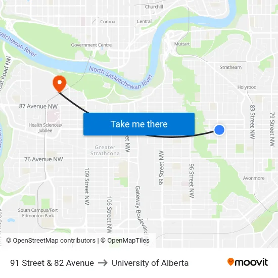 91 Street & 82 Avenue to University of Alberta map