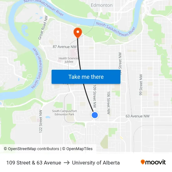 109 Street & 63 Avenue to University of Alberta map