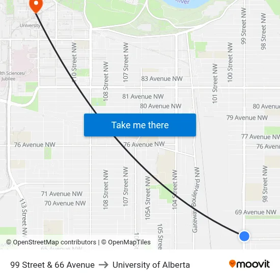 99 Street & 66 Avenue to University of Alberta map