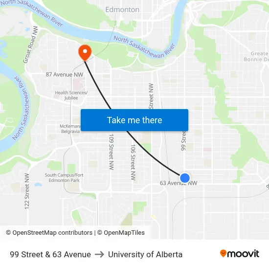 99 Street & 63 Avenue to University of Alberta map