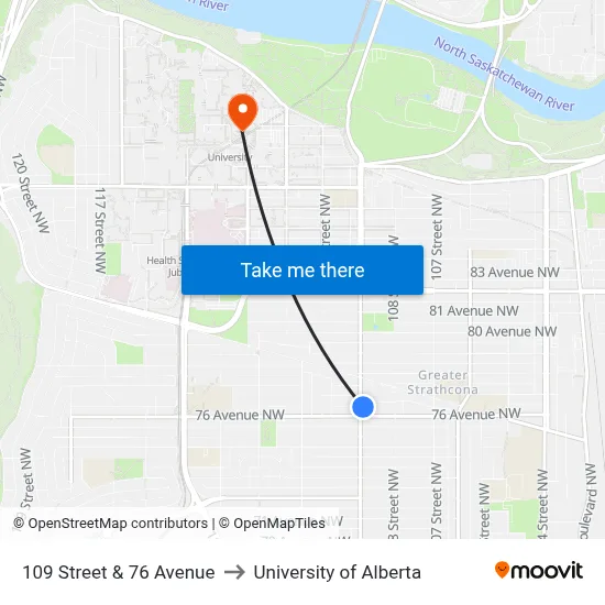 109 Street & 76 Avenue to University of Alberta map