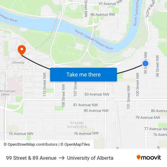99 Street & 89 Avenue to University of Alberta map
