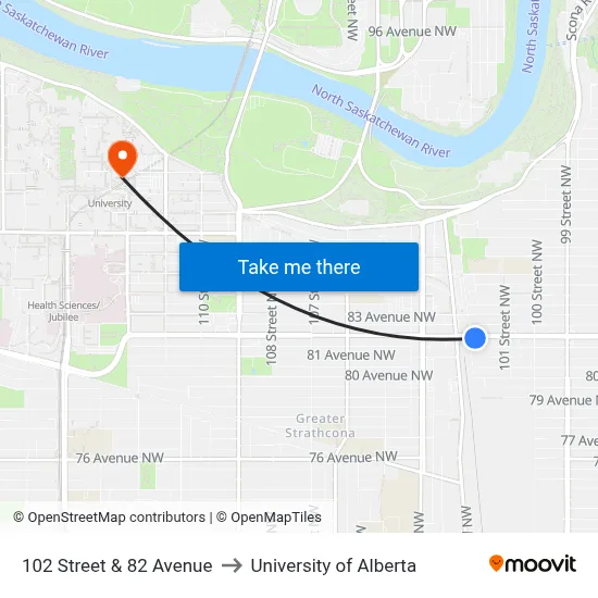 102 Street & 82 Avenue to University of Alberta map