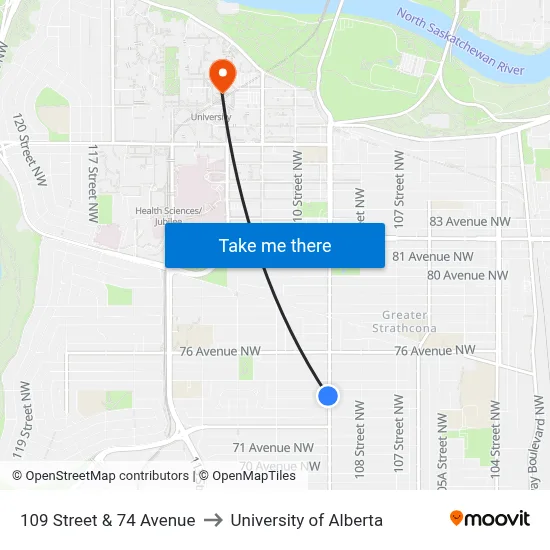 109 Street & 74 Avenue to University of Alberta map