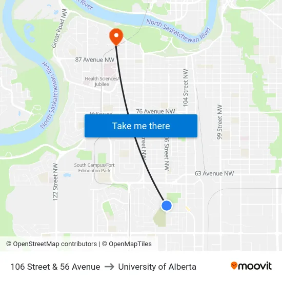 106 Street & 56 Avenue to University of Alberta map