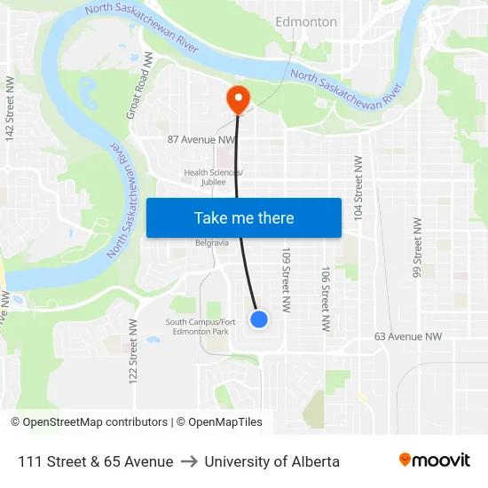 111 Street & 65 Avenue to University of Alberta map