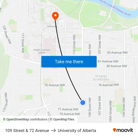 109 Street & 72 Avenue to University of Alberta map