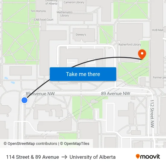 114 Street & 89 Avenue to University of Alberta map