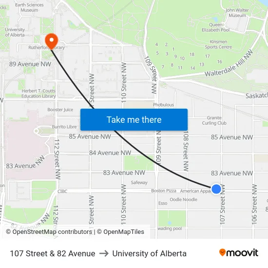 107 Street & 82 Avenue to University of Alberta map