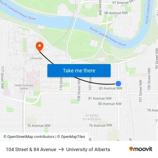 104 Street & 84 Avenue to University of Alberta map