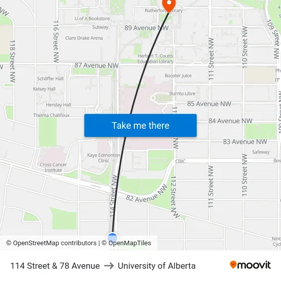 114 Street & 78 Avenue to University of Alberta map