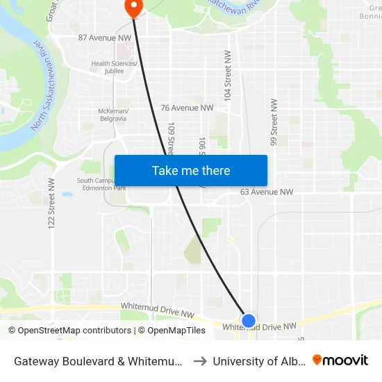 Gateway Boulevard & Whitemud Drive to University of Alberta map