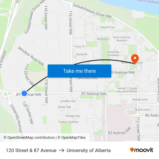 120 Street & 87 Avenue to University of Alberta map