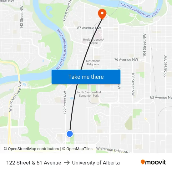 122 Street & 51 Avenue to University of Alberta map