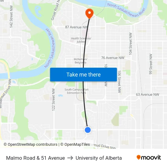 Malmo Road & 51 Avenue to University of Alberta map
