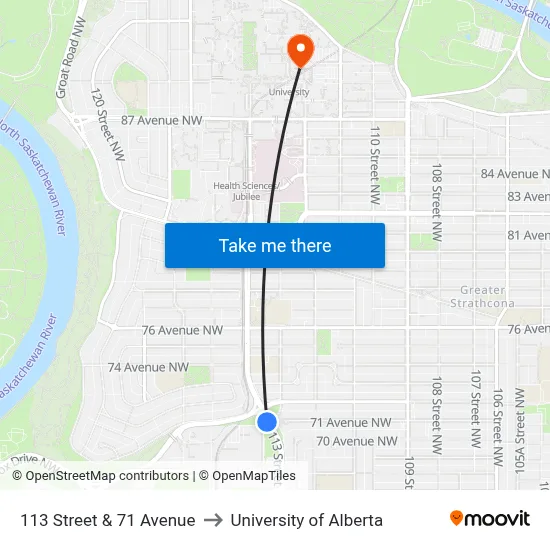 113 Street & 71 Avenue to University of Alberta map