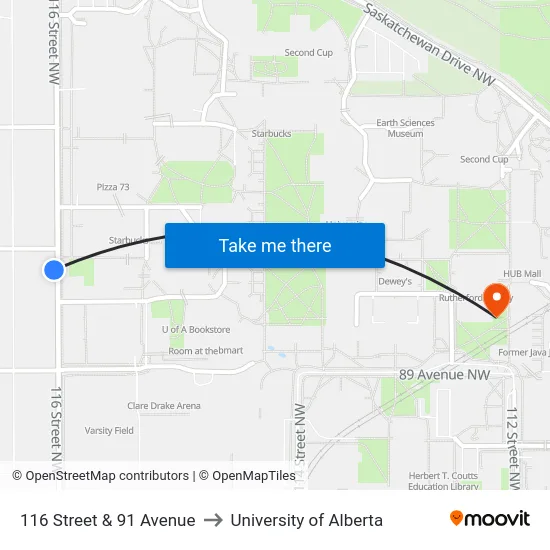116 Street & 91 Avenue to University of Alberta map