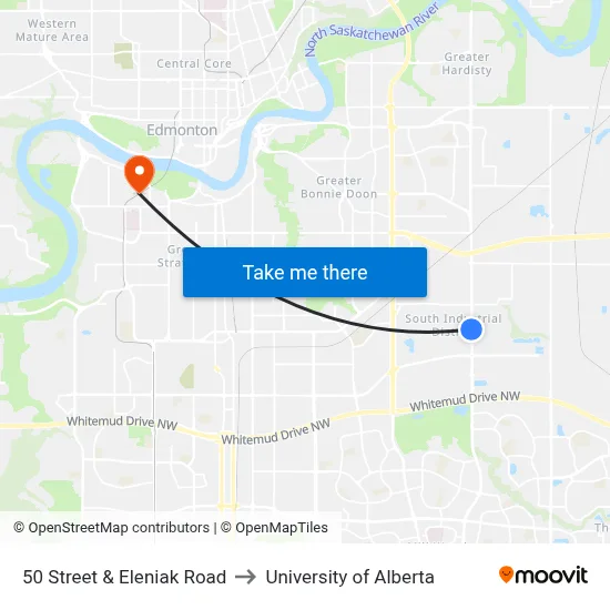 50 Street & Eleniak Road to University of Alberta map