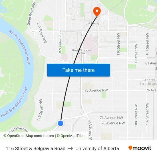 116 Street & Belgravia Road to University of Alberta map