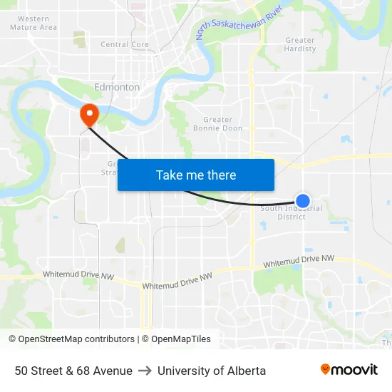 50 Street & 68 Avenue to University of Alberta map