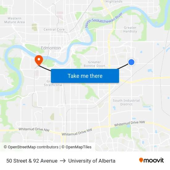 50 Street & 92 Avenue to University of Alberta map