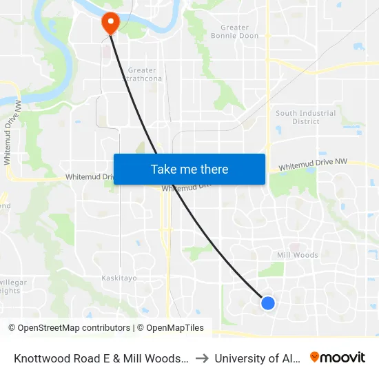 Knottwood Road E & Mill Woods Road S to University of Alberta map